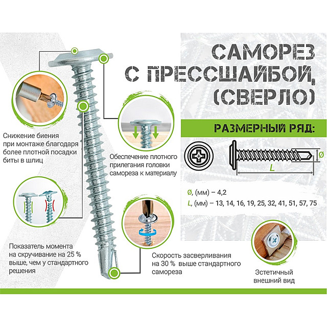 Саморез с прессшайбой 4.2*13 мм ЕКТ B009738 сверло цинк 200 шт