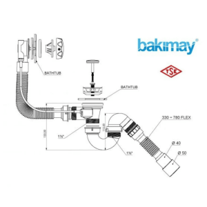 Сифон для ванны Bakimay 0100101006 автомат U-образный с выпуском и переливом Lt с гибкой трубой 40*40/50