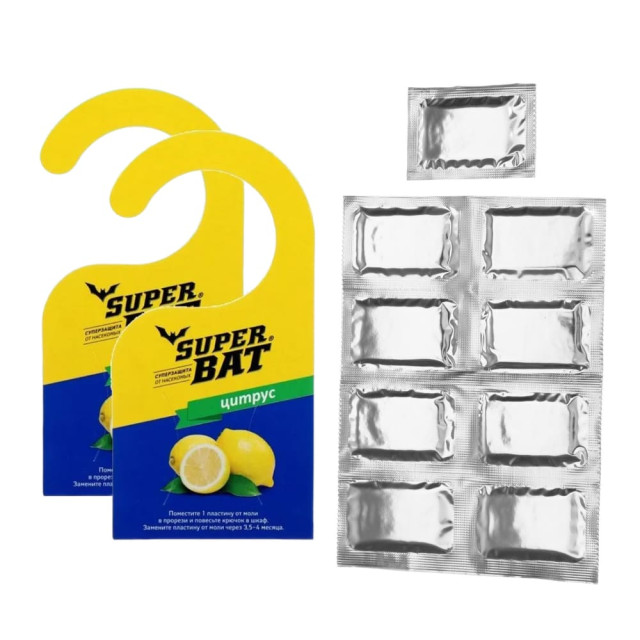 Пластины от моли Super Bat с запахом цитруса 9 пластин + 2 крючка