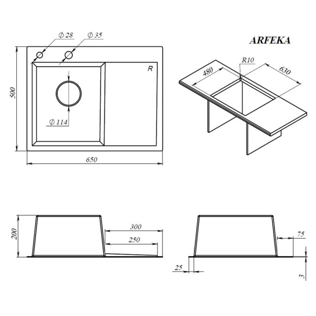 Мойка кухонная Arfeкa Eco ar L Black pvd nano 650*500 мм