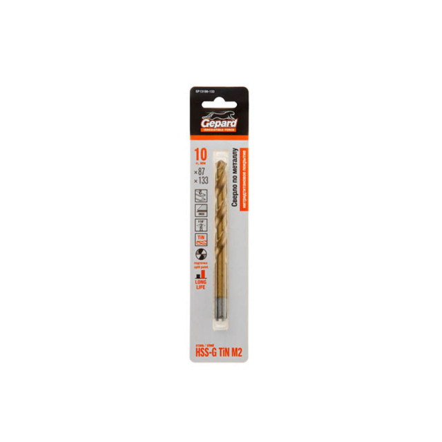 Сверло по металлу Gepard GP13100-133 10*87*133 мм цилиндрический хвостовик HSS TIN