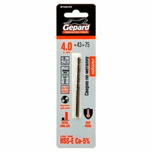 Сверло по металлу Gepard GP1440-075 HSS-Co 4.0*43*75 мм
