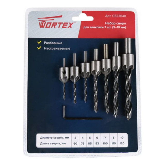 Набор сверл Wortex 0323048 для зенковки 3-10 мм 7 шт