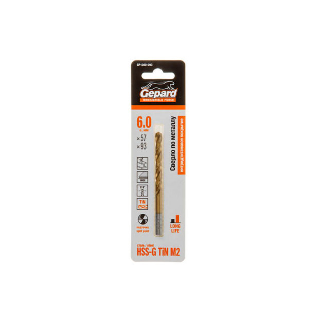 Сверло по металлу Gepard GP1360-093 6*57*93 мм цилиндрический хвостовик HSS TIN