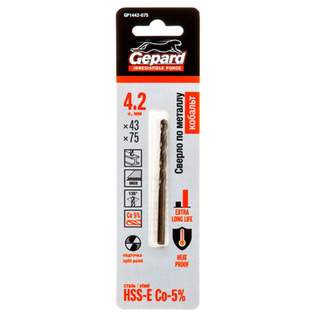 Сверло по металлу Gepard GP1442-075 HSS-Co 4.2*43*75 мм
