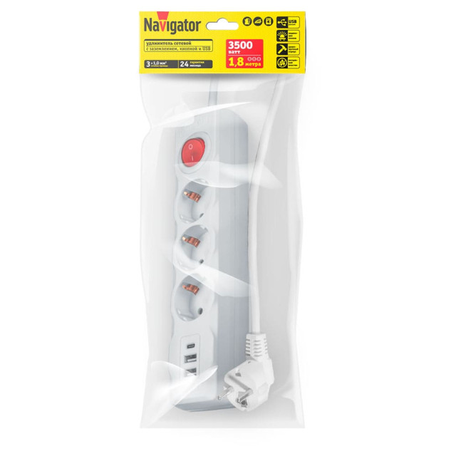 Удлинитель Navigator 61 455 NPE-USB-03-300-180-ESC -3x1 3 гнезда с заземлением выключателем 1.8 м