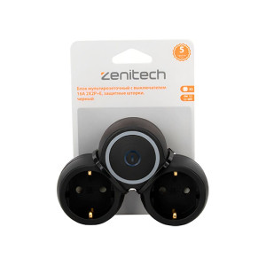 Блок мультирозеточный Zenitech 191909 с выключателем 16А 2*2Р+Е защитные шторки черный