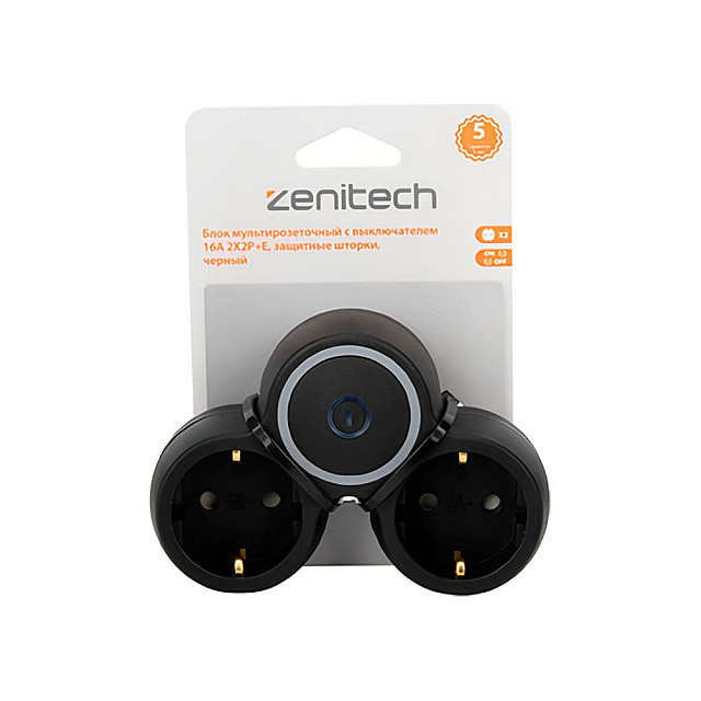 Блок мультирозеточный Zenitech 191909 с выключателем 16А 2*2Р+Е защитные шторки черный