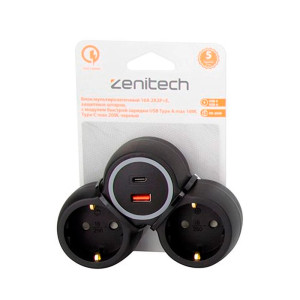 Блок мультирозеточный Zenitech 191910 16А 2*2Р+Е защитные шторки с USB Type A Type С черный
