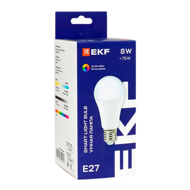 Умная светодиодная лампа EKF Connect SLWF-E27-RGBW WIFI RGBW-2700K-6500K-8Вт-E27