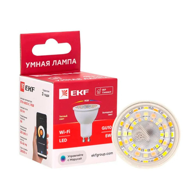 Умная светодиодная лампа EKF Connect slwf-gu10-rgbw WIFI RGBW-3000K-6500K-5Вт-GU10