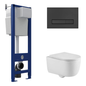 Унитаз подвесной с инсталляцией Berges Tornas Rimless + Atom 410 / АТ-043329 с черной кнопкой Atom Line Soft Touch