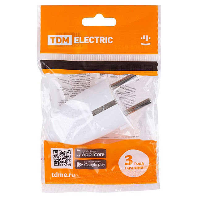 Вилка прямая TDM Electric SQ1806-0197 с заземлением c перфорацией белая