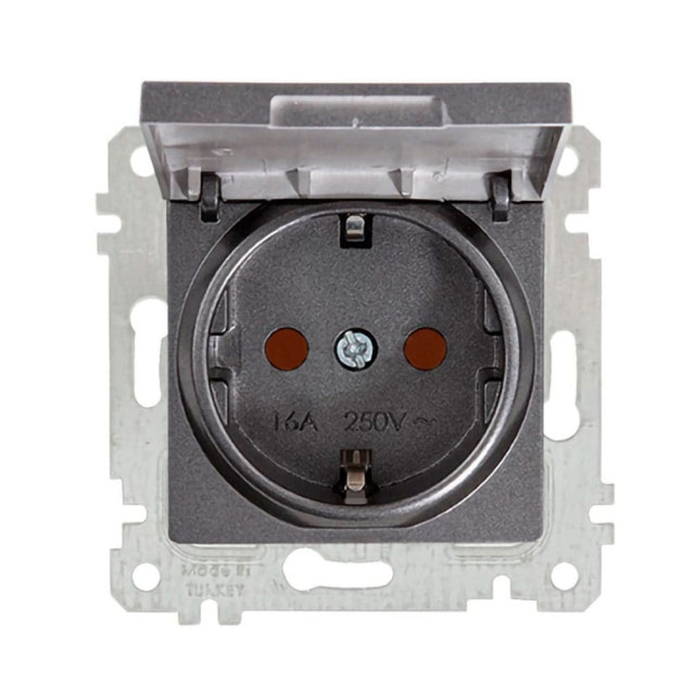 Розетка Mutlusan Rita 2Р+Е с крышкой защитные шторки дымчатый