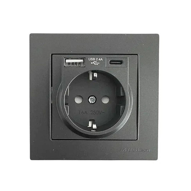 Розетка Mutlusan Rita 2220-629-0284 2P+E USB Type A USB Type C 2.4 А черная матовая
