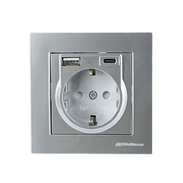 Розетка Mutlusan Rita 2220-629-0282 2P+E USB Type A USB Type C 2.4А нержавеющая сталь
