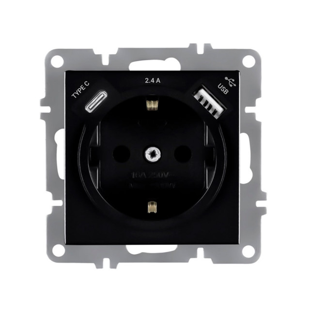 Розетка Arvia Electric 50 07 2000 301 с заземлением USB + TYPE C черный  механизм