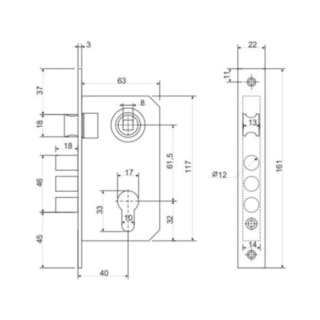 Замок врезной Vela 1023-СR 61.5 мм