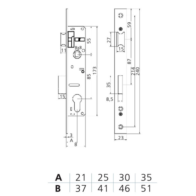 Замок врезной Arni 7500-25 MN511-25 для дверей из алюминиевого профиля