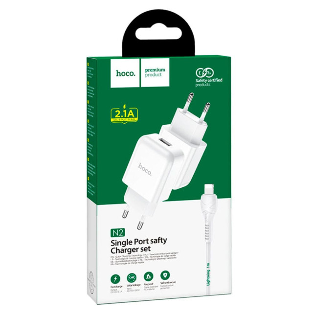 Зарядное устройство сетевое Hoco N2 USB с кабелем Lightning белый